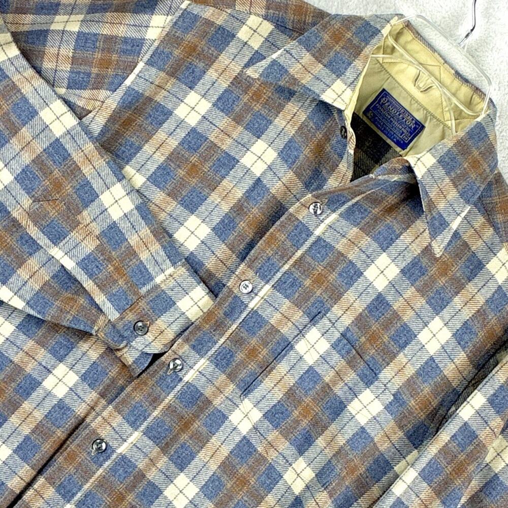 VTG 60s Pendleton Wool Board Shirt Men M Brown Blue Plaid Flannel Outdoors USA